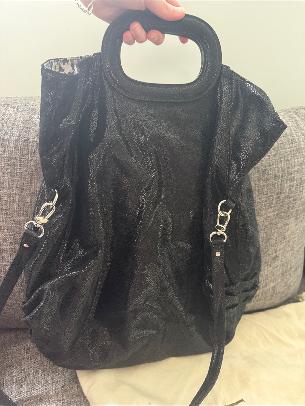 Liberty of London Black Sequin Foldover Top Handle Tote Bag